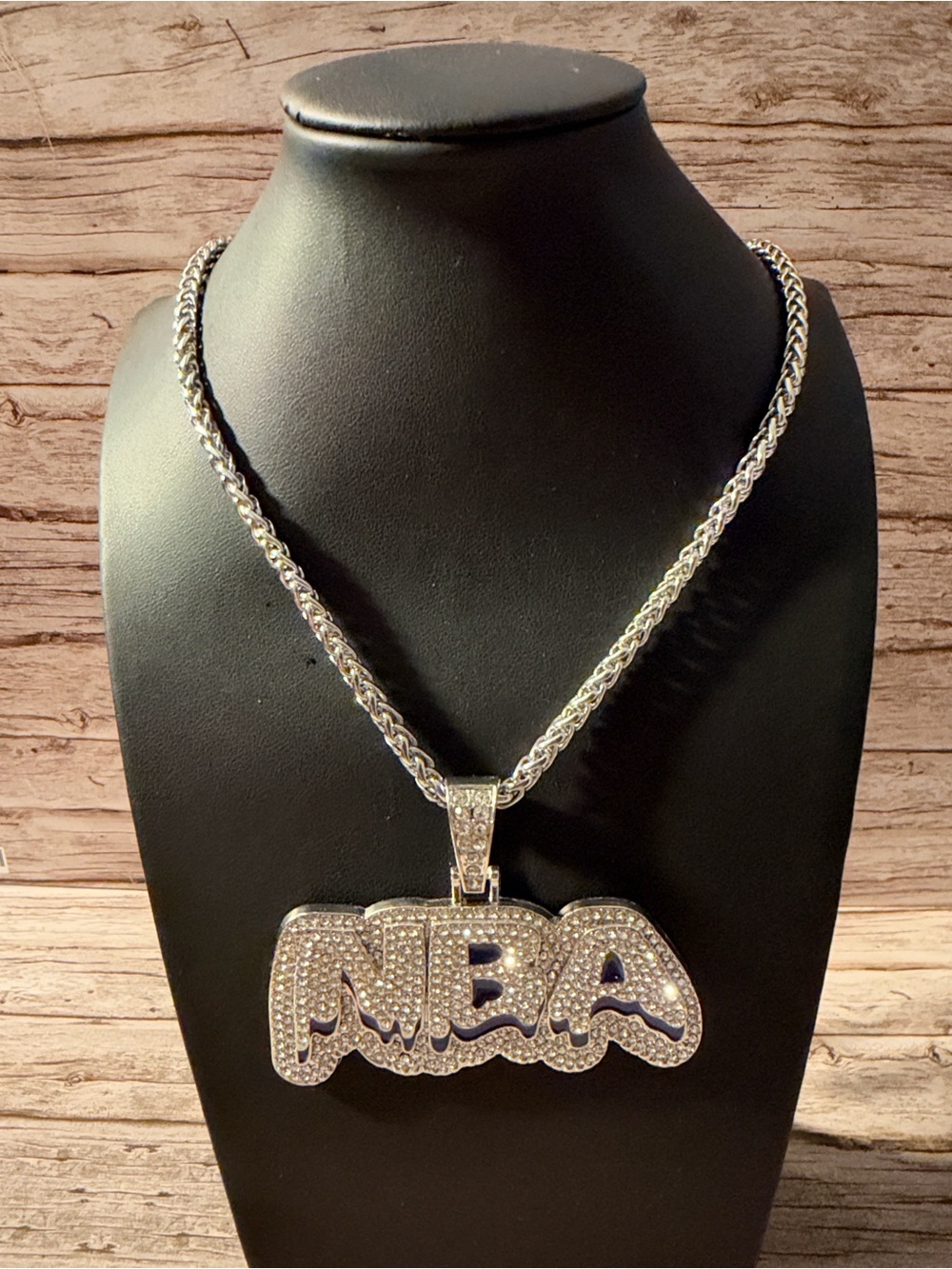 Iced Out Silver Tone Pave NBA Name Pendant & Necklace Stainless Steel